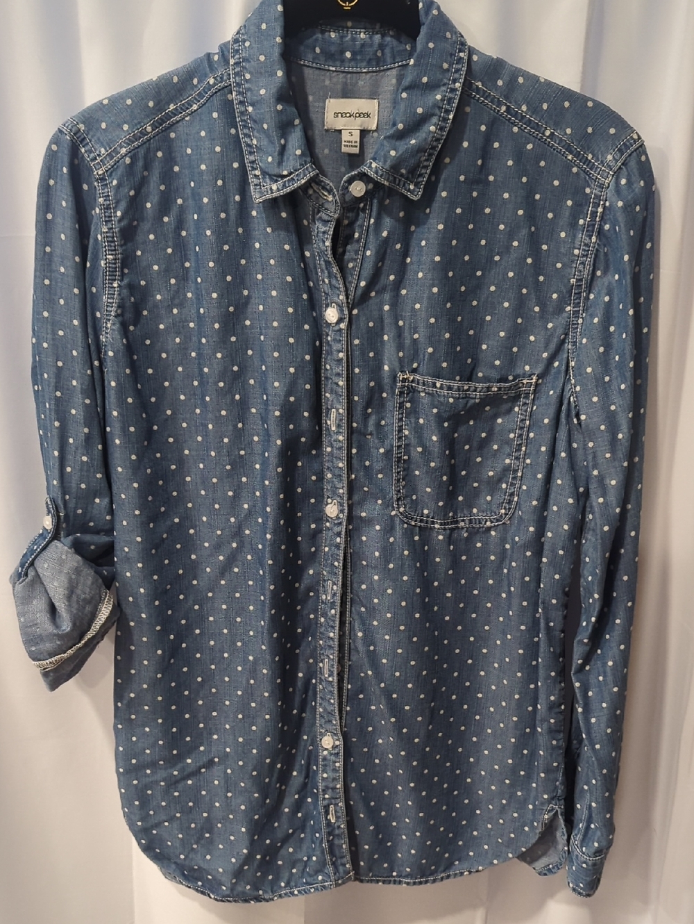 Sneak Peek Blue Chambray Polka Dot Button-Down Denim Shirt Size Small